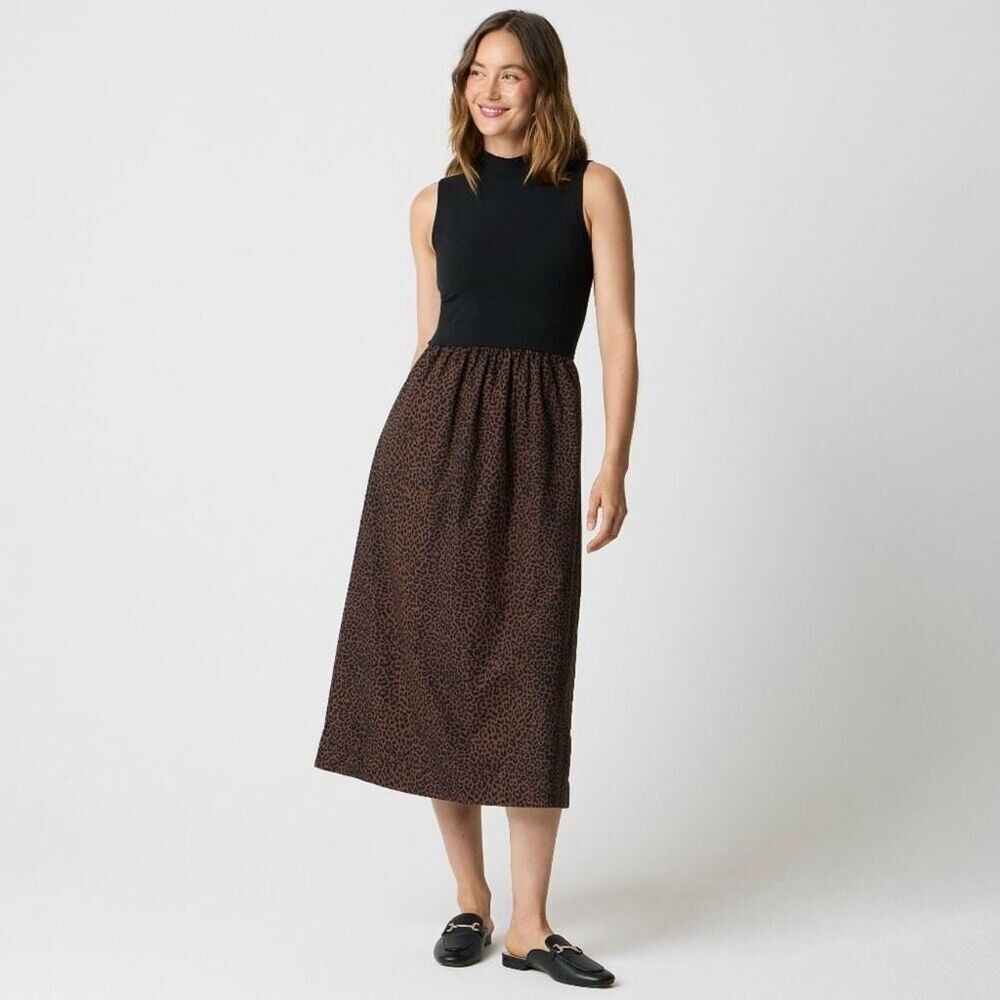 J. Crew Printed mockneck knit mixed-media dress Black Brown Animal print ST NWT